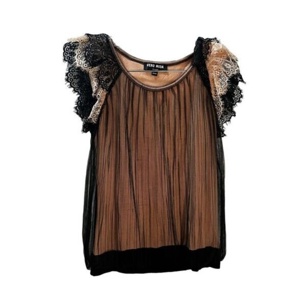 NWOT Vero Moda Nude Black Lace Blouse Small - Picture 1 of 5